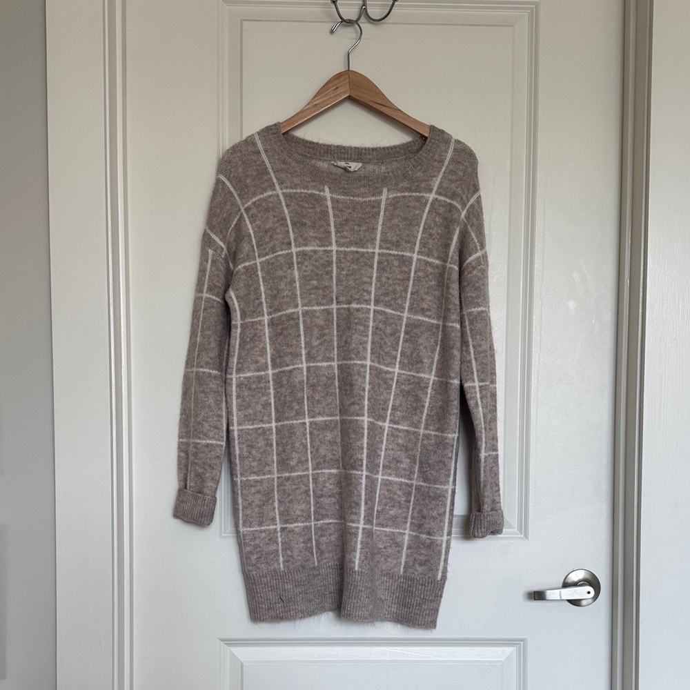Cozy Taupe Windowpane Tunic Knit Sweater